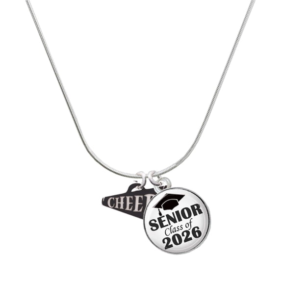 Delight Jewelry Acrylic Black Cheer Megaphone - Silvertone Senior Class of 2026 Dome Necklace, 18"