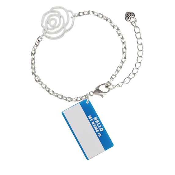Delight Jewelry Acrylic Blue "Hello" Name Tag Silver-tone Flower Link Chain Bracelet, 6.75"+2" Extender
