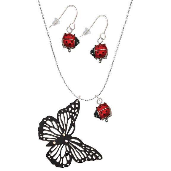 Delight Jewelry Acrylic Cut Out Butterfly Black Red Lucky Ladybug Necklace and Dangle Earrings Set