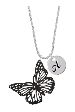 Acrylic Cut Out Butterfly Black Silvertone Script Initial Disc - A - Charm Necklace, 20"+3"