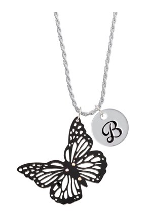 Acrylic Cut Out Butterfly Black Silvertone Script Initial Disc - B - Charm Necklace, 20"+3"