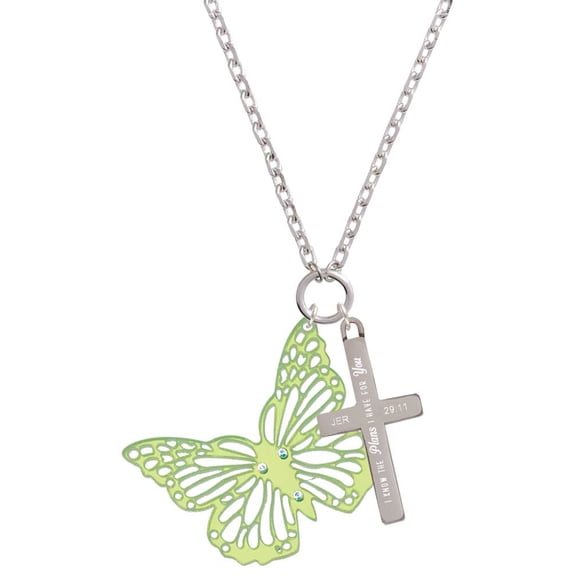 Delight Jewelry Acrylic Cut Out Butterfly Mirror Lime Green I Have Plans for You Engraved Cross Zoey Necklace, 28"