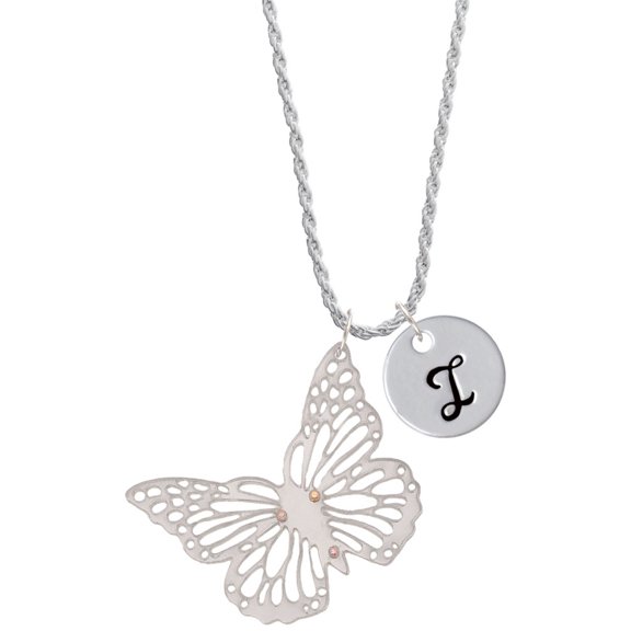 Delight Jewelry Acrylic Cut Out Butterfly Mirror Silvertone Script Initial Disc - I - Charm Necklace, 20"+3"