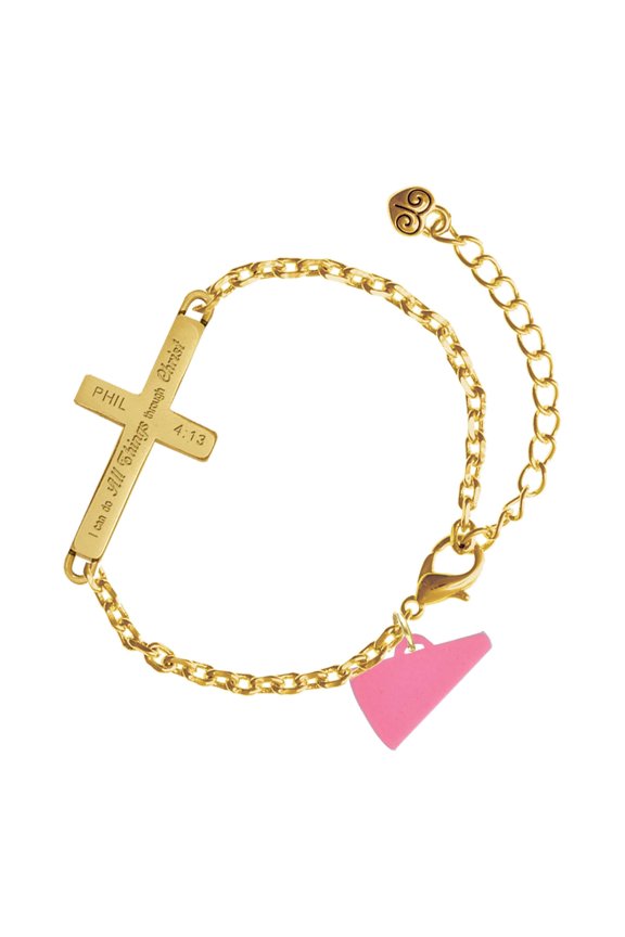 Acrylic Hot Pink Megaphone - Gold Tone Philipians 4:13 I Do All Things Through Christ Engraved Cross Charm Bracelet, 6.5+1.5" Extender