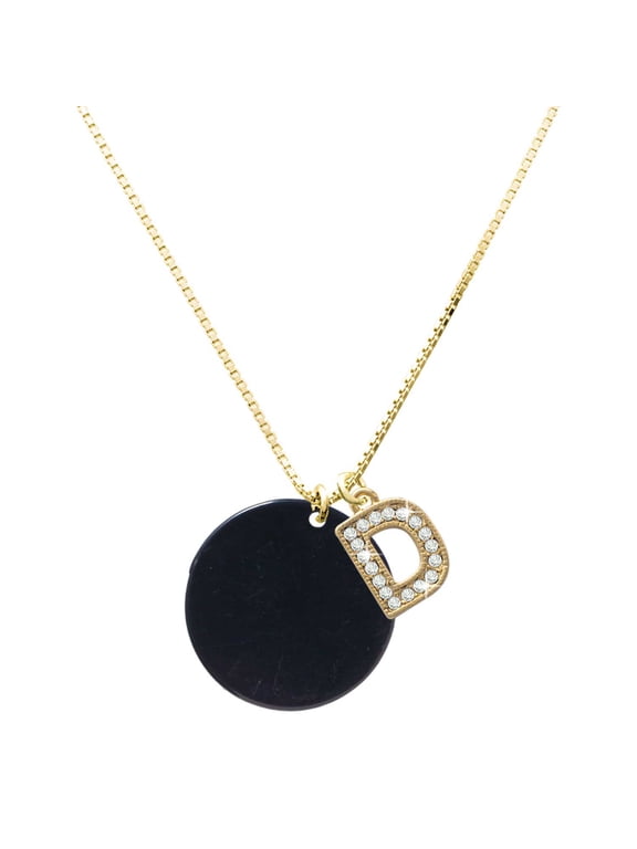 Acrylic Large Disc Black with a Large Goldtone Crystal Initial - D - Charm Necklace, 17.5"+2"