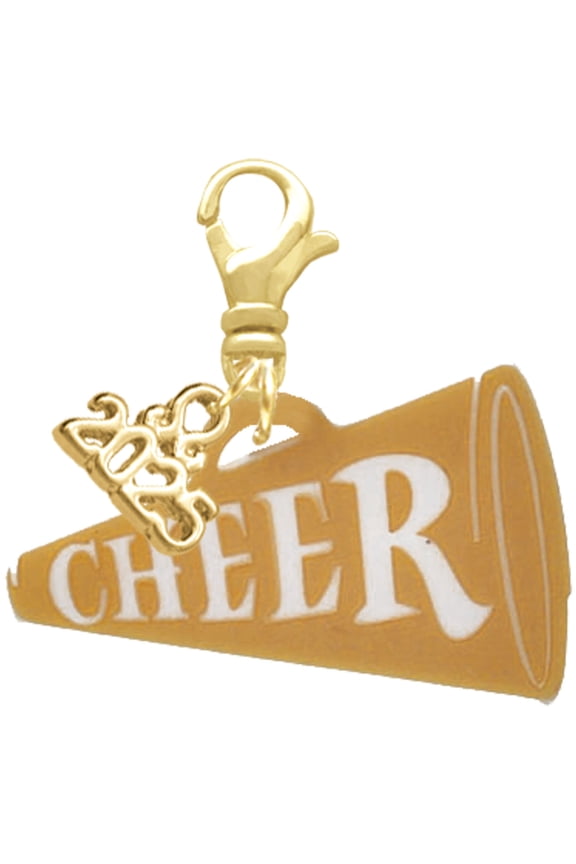 Acrylic Large Gold-tone Cheer Megaphone - Gold-tone Clip on Charm with Mini Year 2025