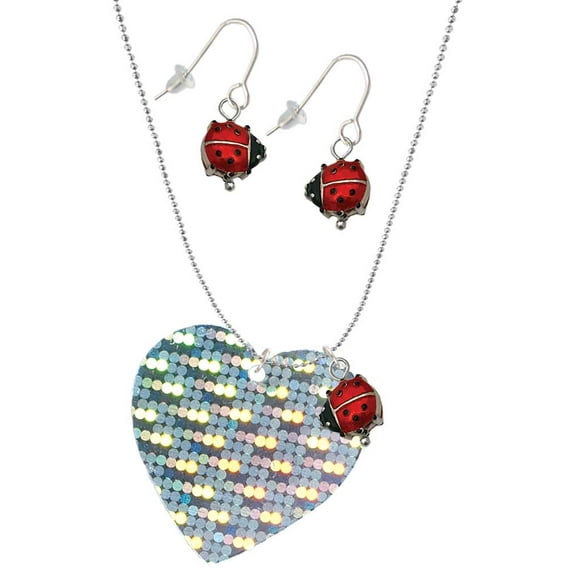 Delight Jewelry Acrylic Large Hologram Heart Red Lucky Ladybug Necklace and Dangle Earrings Set