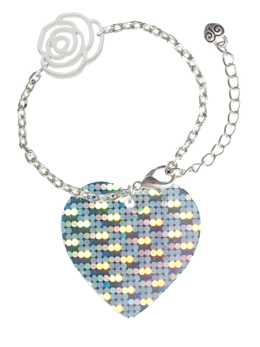 Delight Jewelry Acrylic Large Hologram Heart Silver-tone Flower Link Chain Bracelet, 6.75"+2" Extender