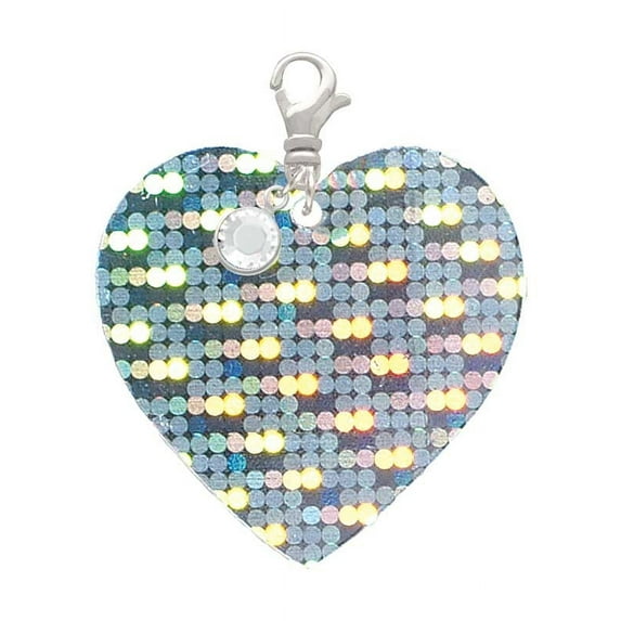 Delight Jewelry Acrylic Large Hologram Heart - Silvertone Clip on Charm with Clear Crystal Drop