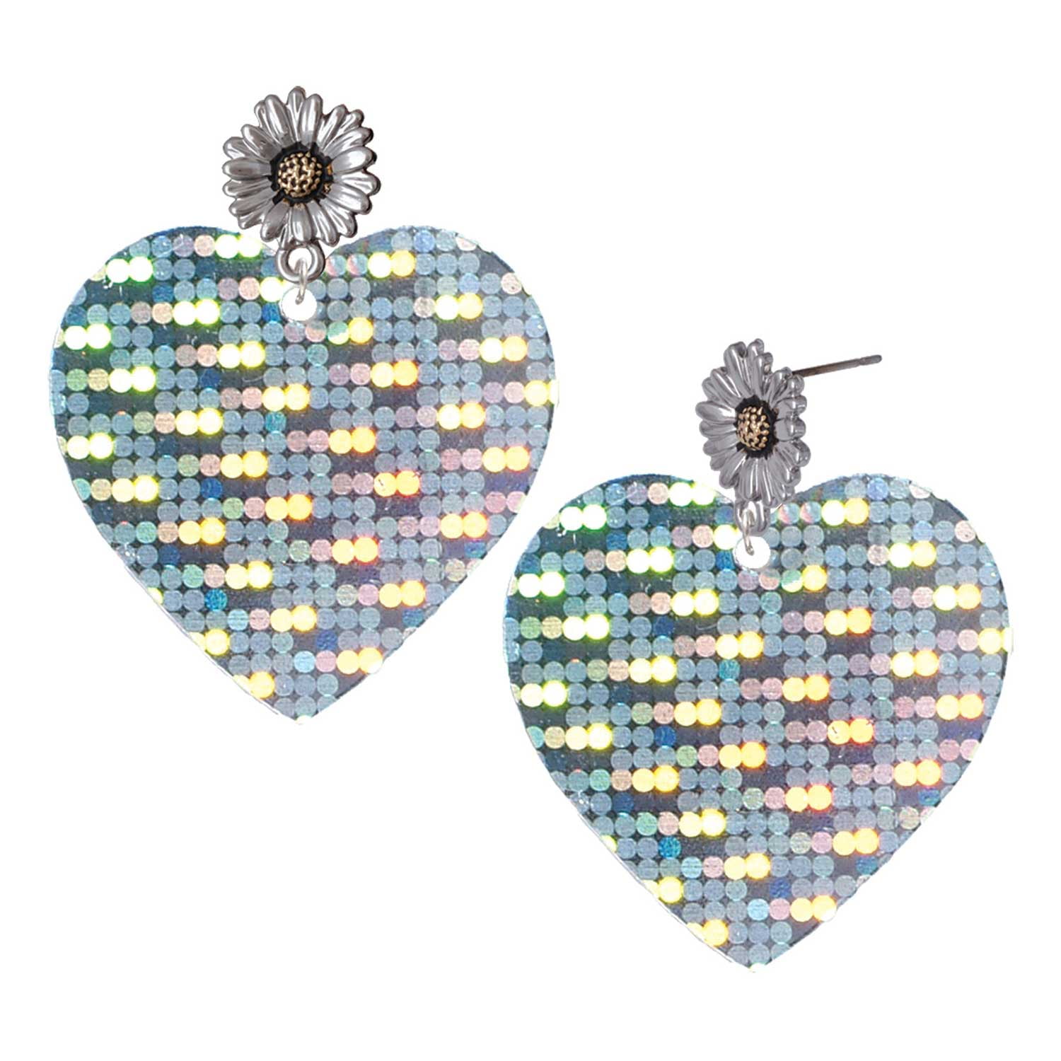 Delight Jewelry Acrylic Large Hologram Heart - Two-tone Daisy Flower Post Earrings