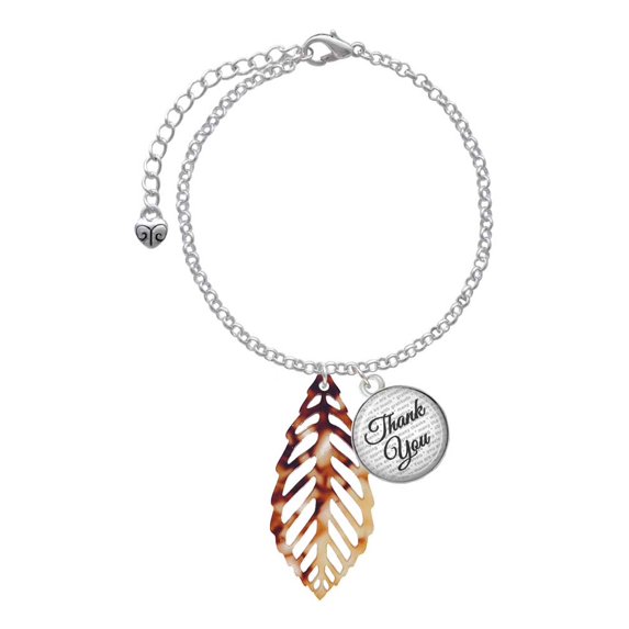 Delight Jewelry Acrylic Large Leaf Mixed Brown and Yellow - Domed Thank You Charm Bracelet, 6"+2"