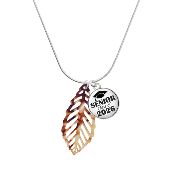 Delight Jewelry Acrylic Large Leaf Mixed Brown and Yellow - Silvertone Senior Class of 2026 Dome Necklace, 18"