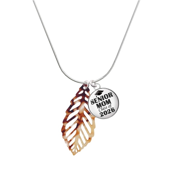 Delight Jewelry Acrylic Large Leaf Mixed Brown and Yellow - Silvertone Senior Mom Class of 2026 Dome Necklace, 18"