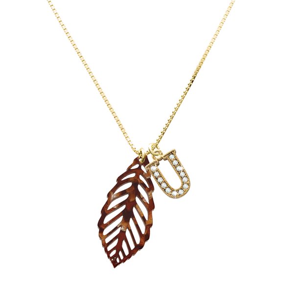 Delight Jewelry Acrylic Large Leaf Pearly Brown - Large Goldtone Crystal Initial - U - Charm Necklace, 17.5"+2"