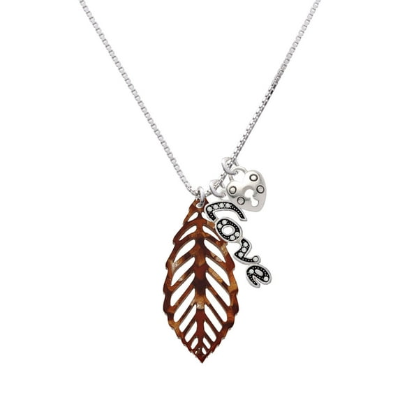 Delight Jewelry Acrylic Large Leaf Pearly Brown - Love and Lock Charm Necklace, 18"+1"