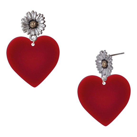 Delight Jewelry Acrylic Large Maroon Heart - Two-tone Daisy Flower Post Earrings