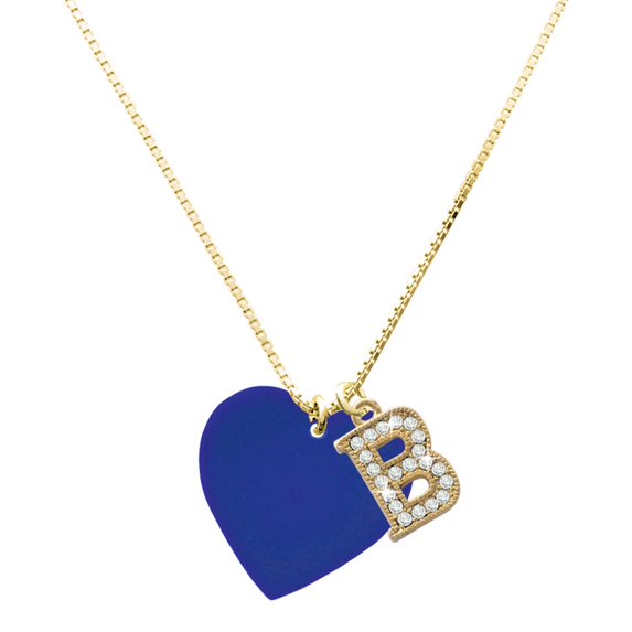 Delight Jewelry Acrylic Large Navy Blue Heart - Large Goldtone Crystal Initial - B - Charm Necklace, 17.5"+2"