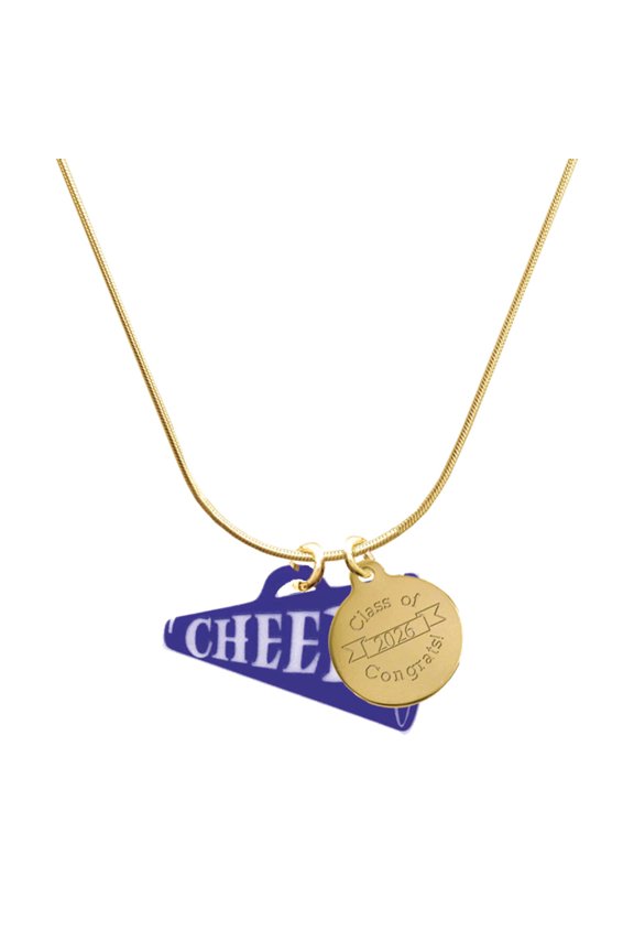 Acrylic Large Navy Cheer Megaphone - Goldtone Engraved Congrats Class of 2026 Charm Necklace, 18"