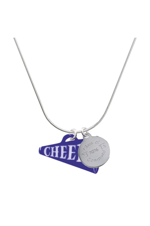 Acrylic Large Navy Cheer Megaphone - Silvertone Engraved Congrats Class of 2026 Charm Necklace, 18"