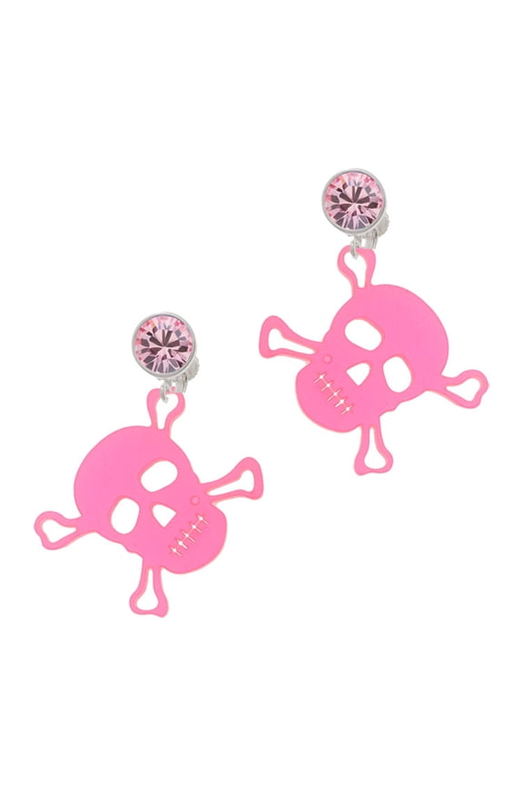 Acrylic Large Pink Skull Pink Crystal Clip on Earrings