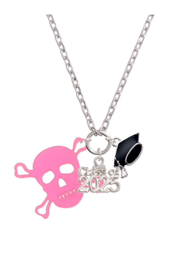 Acrylic Large Pink Skull - Silver-tone Class of 2025 Graduation Zoey Necklace, 28"