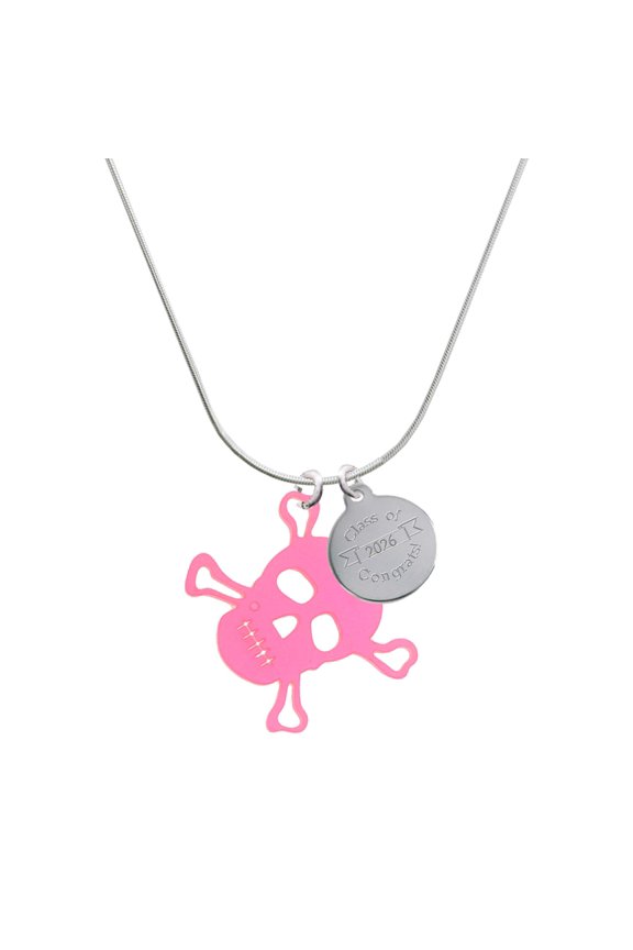 Acrylic Large Pink Skull - Silvertone Engraved Congrats Class of 2026 Charm Necklace, 18"