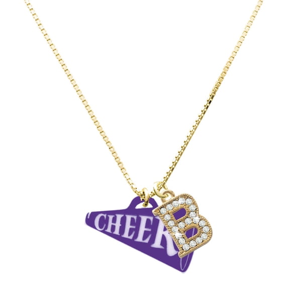 Delight Jewelry Acrylic Large Purple Cheer Megaphone - Large Goldtone Crystal Initial - B - Charm Necklace, 17.5"+2"