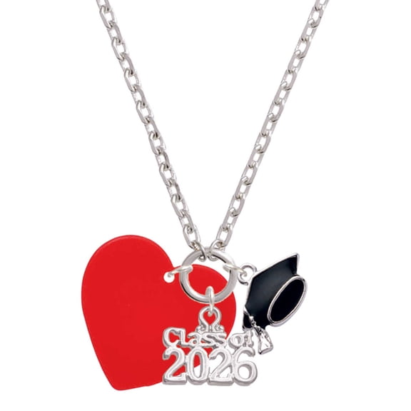 Delight Jewelry Acrylic Large Red Heart - Silvertone Class of 2026 Graduation Zoey Charm Necklace, 28"