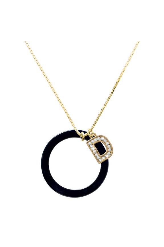 Acrylic Large Ring Black - Large Goldtone Crystal Initial - D - Charm Necklace, 17.5"+2"