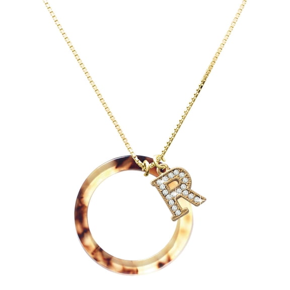Delight Jewelry Acrylic Large Ring Mixed Brown and Yellow - Large Goldtone Crystal Initial - R - Charm Necklace, 17.5"+2"