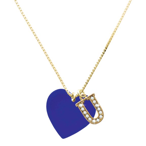 Delight Jewelry Acrylic Large Royal Blue Heart - Large Goldtone Crystal Initial - U - Charm Necklace, 17.5"+2"