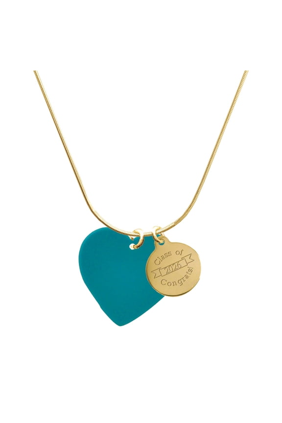 Acrylic Large Teal Heart - Goldtone Engraved Congrats Class of 2026 Charm Necklace, 18"