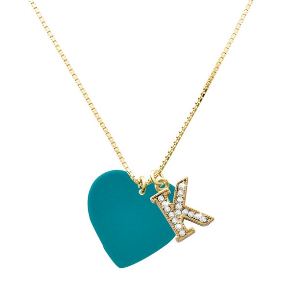 Delight Jewelry Acrylic Large Teal Heart - Large Goldtone Crystal Initial - K - Charm Necklace, 17.5"+2"