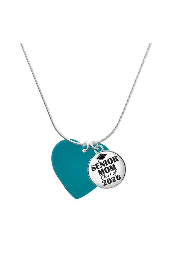Acrylic Large Teal Heart - Silvertone Senior Mom Class of 2026 Dome Necklace, 18"