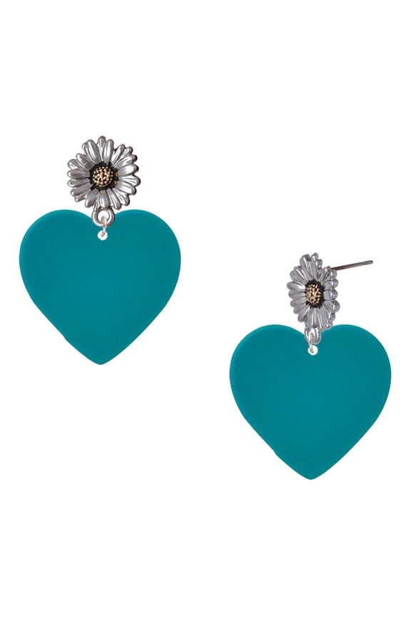 Acrylic Large Teal Heart - Two-tone Daisy Flower Post Earrings