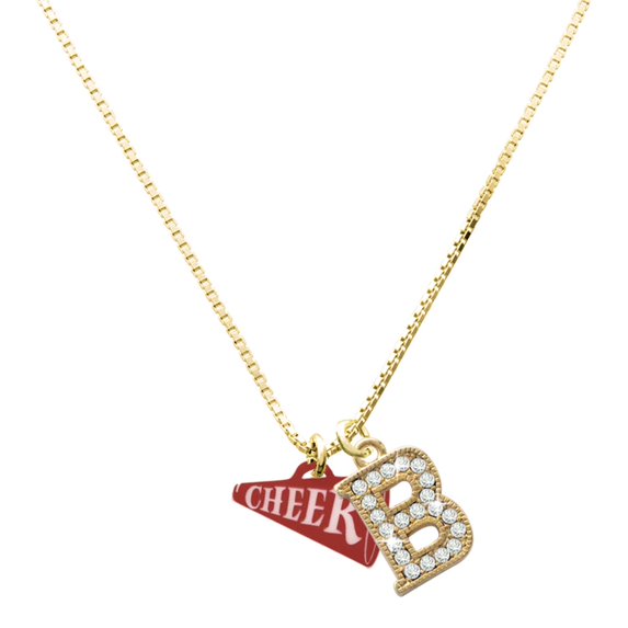 Delight Jewelry Acrylic Maroon Cheer Megaphone - Large Goldtone Crystal Initial - B - Charm Necklace, 17.5"+2"