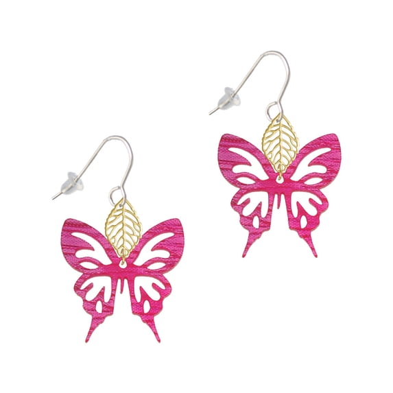 Delight Jewelry Acrylic Medium Cut Out Butterfly Magenta Goldtone Leaf French Earrings