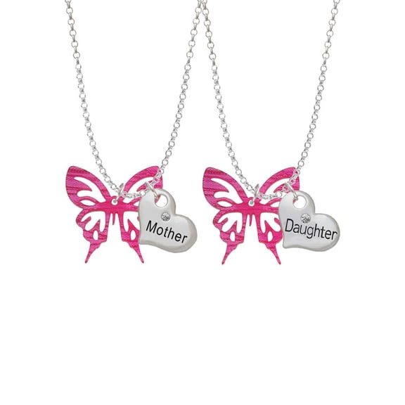Delight Jewelry Acrylic Medium Cut Out Butterfly Magenta Mother & Daughter Heart Necklaces (Set of 2), 19"+2"