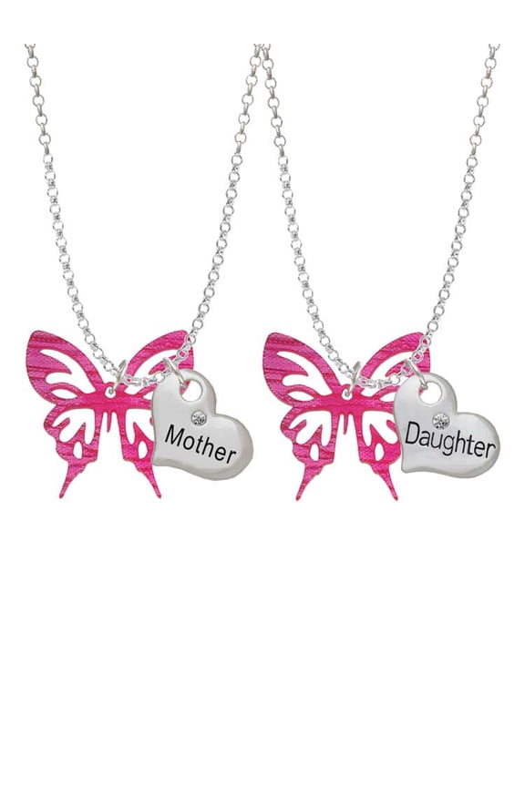 Acrylic Medium Cut Out Butterfly Magenta Mother & Daughter Heart Necklaces (Set of 2), 19"+2"