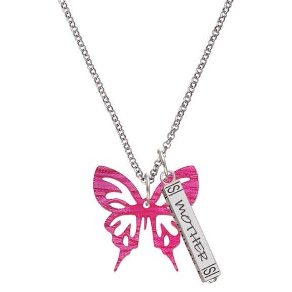 Delight Jewelry Acrylic Medium Cut Out Butterfly Magenta Silvertone Mother Daughter Bar Charm Necklace, 23"