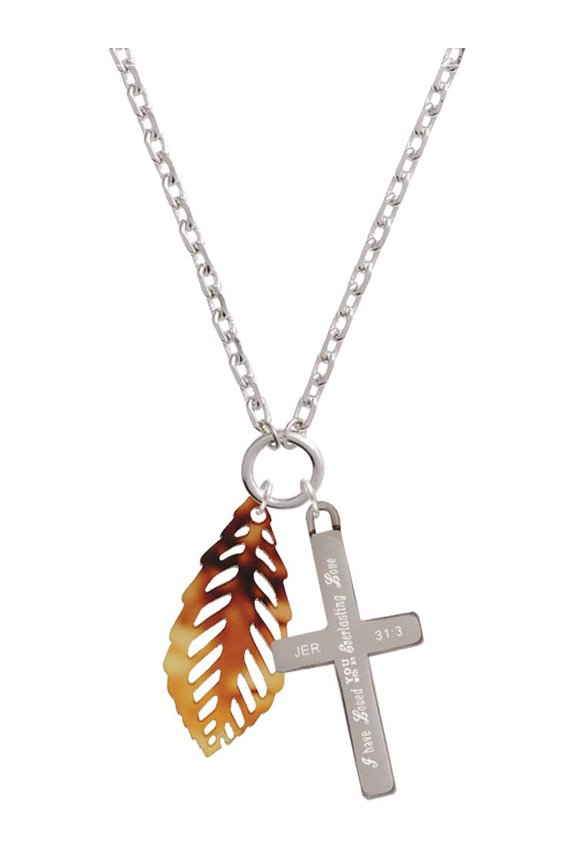 Acrylic Medium Leaf Mixed Brown and Yellow Everlasting Love Engraved Cross Zoey Necklace, 28"