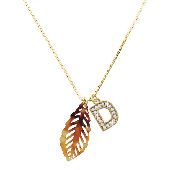 Delight Jewelry Acrylic Medium Leaf Mixed Brown and Yellow - Large Goldtone Crystal Initial - D - Charm Necklace, 17.5"+2"
