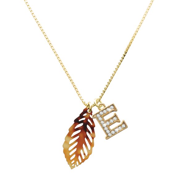 Delight Jewelry Acrylic Medium Leaf Mixed Brown and Yellow - Large Goldtone Crystal Initial - E - Charm Necklace, 17.5"+2"
