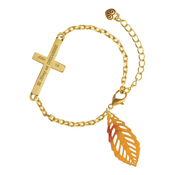 Delight Jewelry Acrylic Medium Leaf Orange Mixed Brown and Yellow - Gold Tone Joshua 1:9 Strong and Courageous Engraved Cross Charm Bracelet, 6.5+1.5" Extender