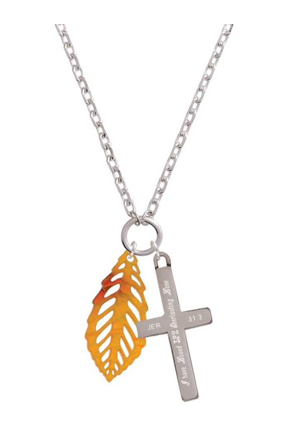 Acrylic Medium Leaf Orange Mixed Brown and Yellow Everlasting Love Engraved Cross Zoey Necklace, 28"