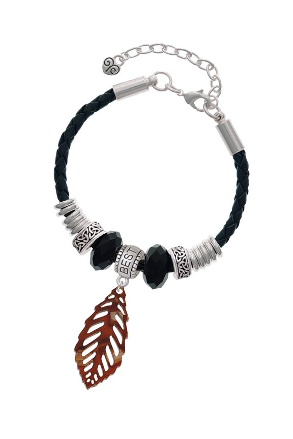 Acrylic Medium Leaf Pearly Brown Best Friend Celtic Knot Leather Bead Bracelet, 7"+2" Extender