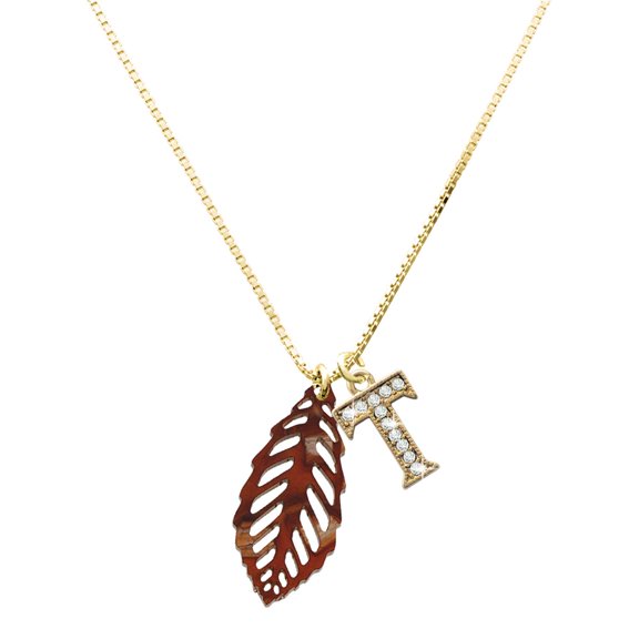 Delight Jewelry Acrylic Medium Leaf Pearly Brown - Large Goldtone Crystal Initial - T - Charm Necklace, 17.5"+2"