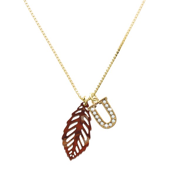 Delight Jewelry Acrylic Medium Leaf Pearly Brown - Large Goldtone Crystal Initial - U - Charm Necklace, 17.5"+2"