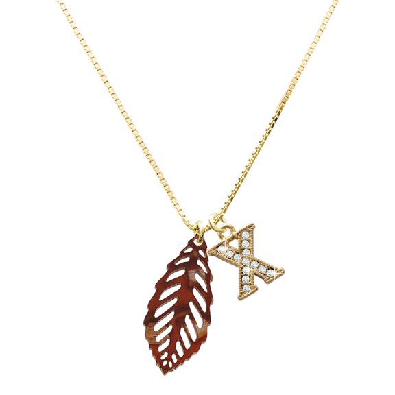 Delight Jewelry Acrylic Medium Leaf Pearly Brown - Large Goldtone Crystal Initial - X - Charm Necklace, 17.5"+2"