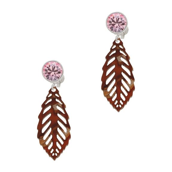 Delight Jewelry Acrylic Medium Leaf Pearly Brown Pink Crystal Clip on Earrings